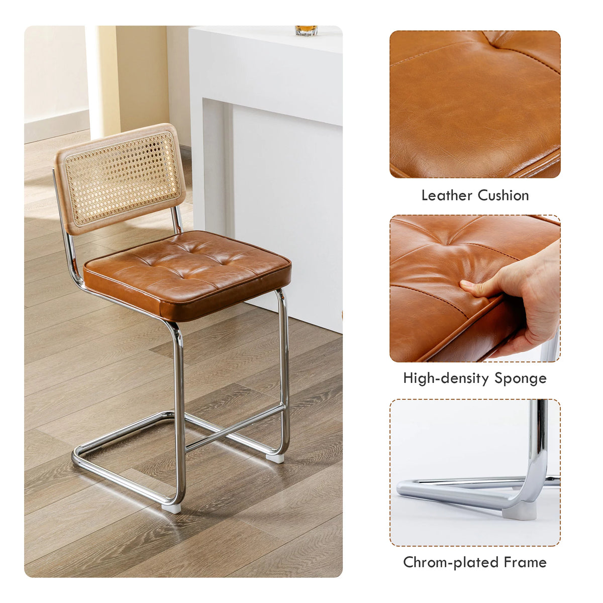 23.6 Inch Rattan Upholstered Bar Stools Set of 2 P497149