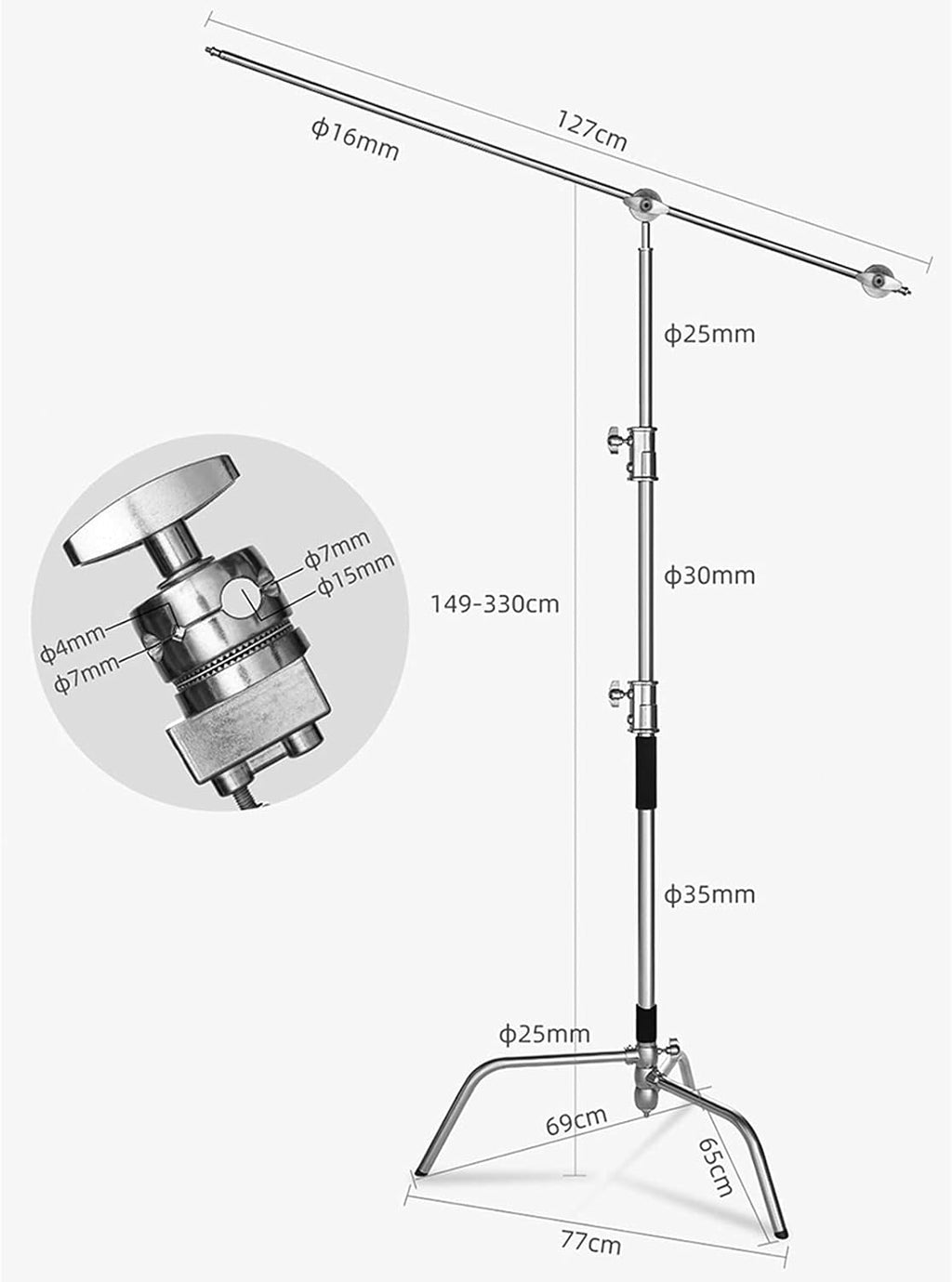 100% Stainless Steel Heavy Duty C Stand with Boom Arm, 2 Grip Head S7697