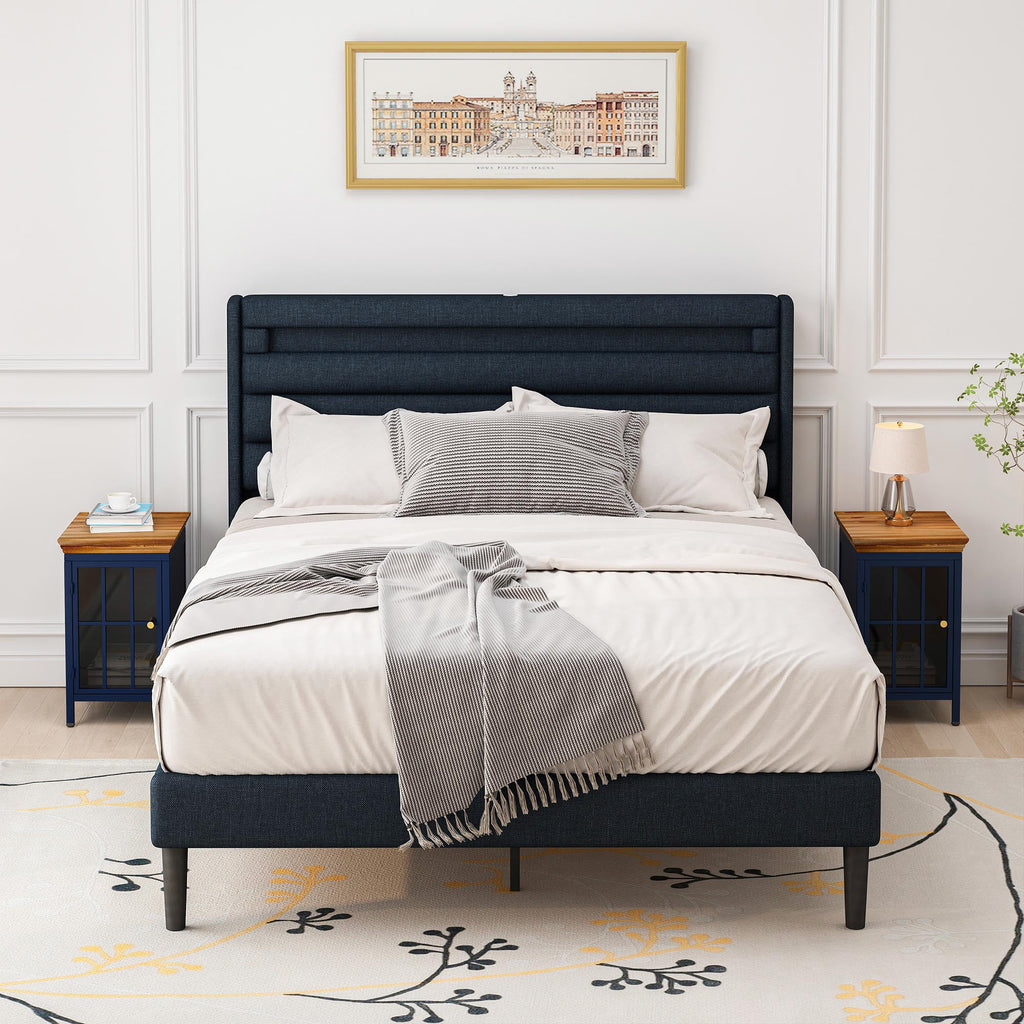 Nightstand with Storage Cabinet & Solid Wood Tabletop, Dark Blue U24276