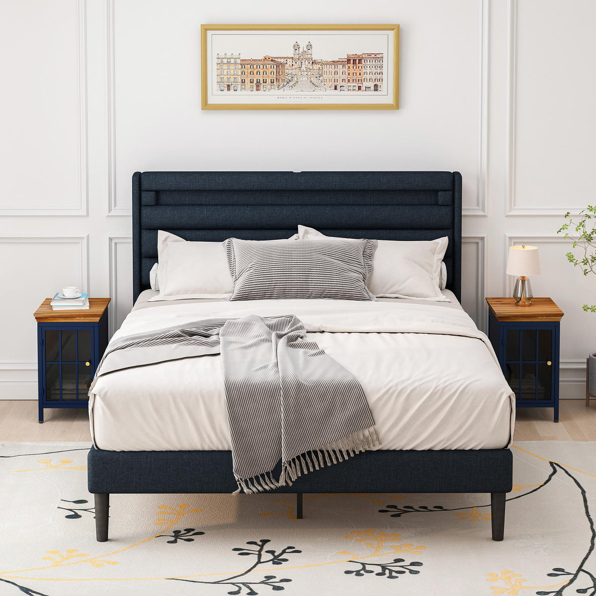Nightstand with Storage Cabinet & Solid Wood Tabletop, Dark Blue U24276