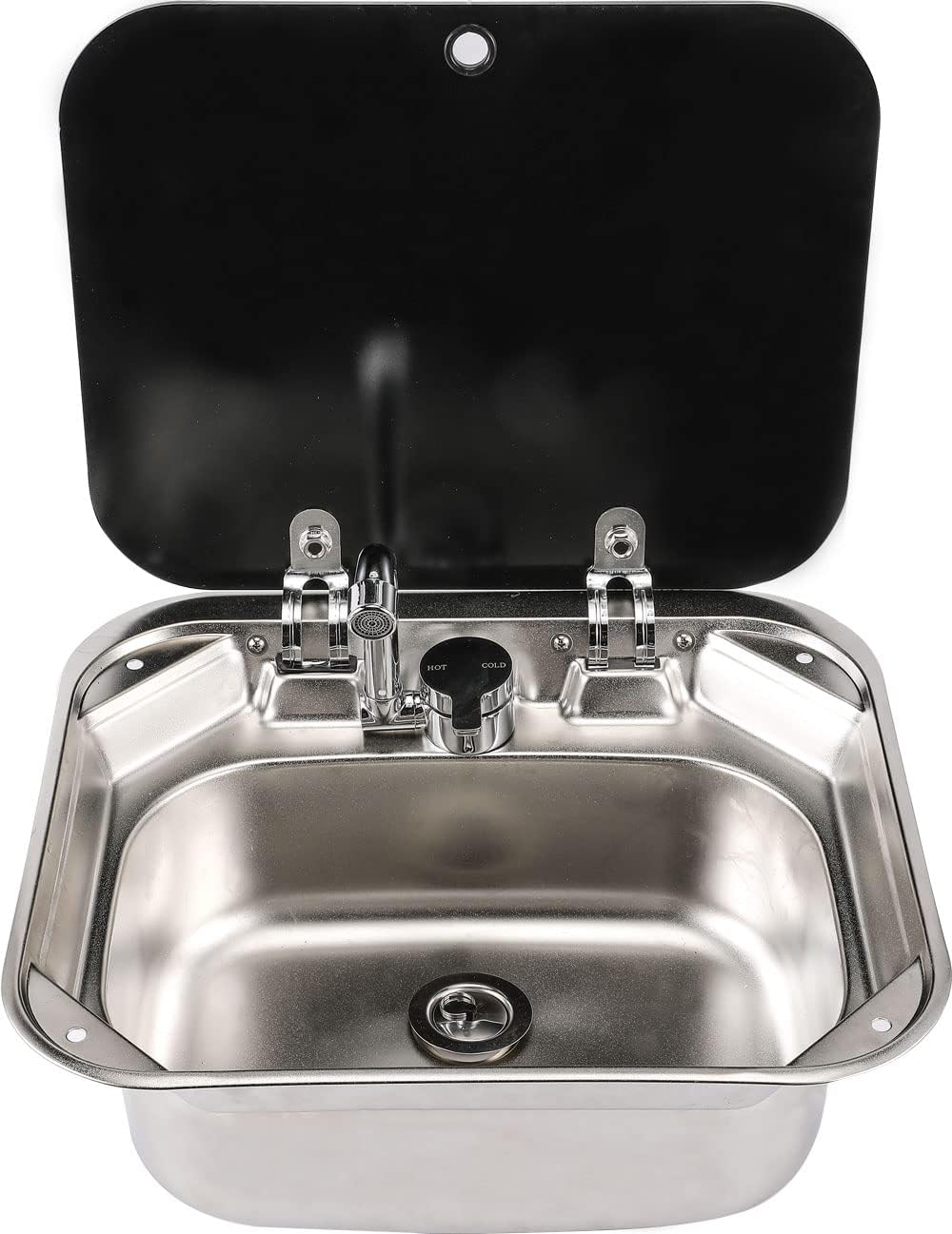 RV Kitchen Sink Stainless Steel Hand Wash Basin with Folded Faucet Tempered Glass Lid X164745