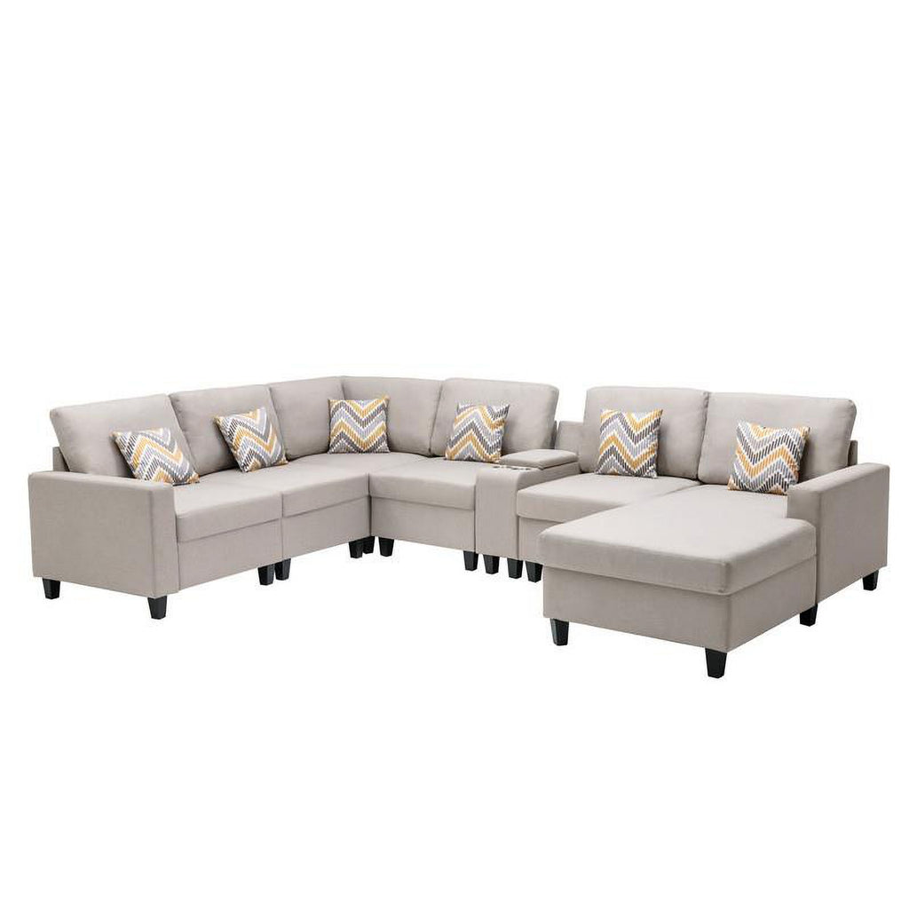 Beige Fabric Reversible Sectional with Charging Port and Storage Console Q29895