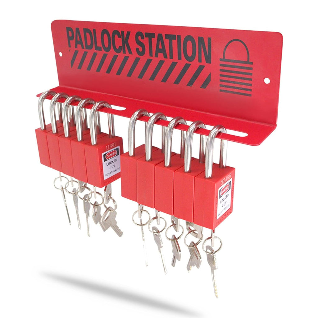 10 Padlocks Included Lockout Tagout Station with Carbon Steel Body A873