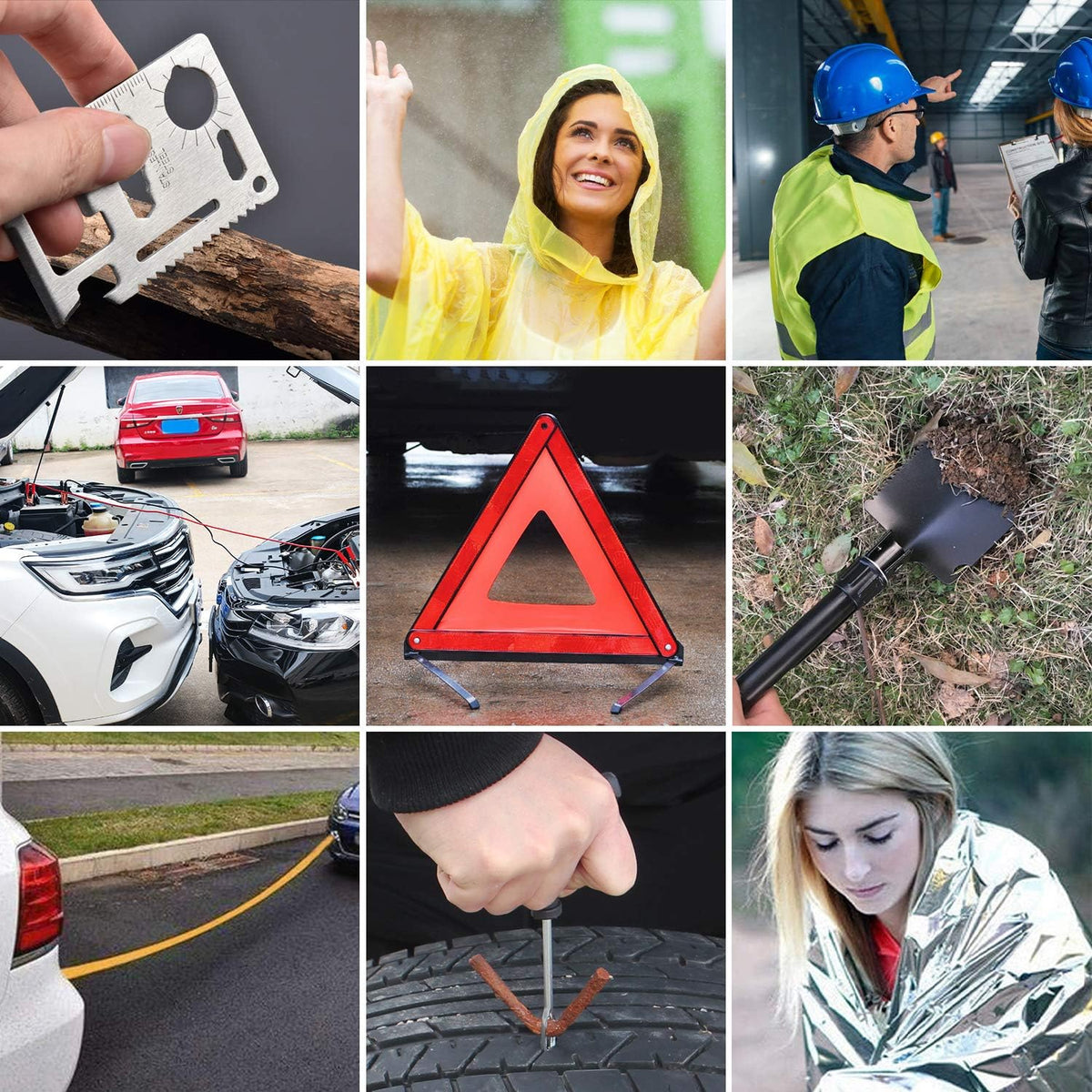 118-Piece Car Roadside Emergency Kit with Jumper Cables Portable Air Compressor Tow Strap Hammer Shovel E23195