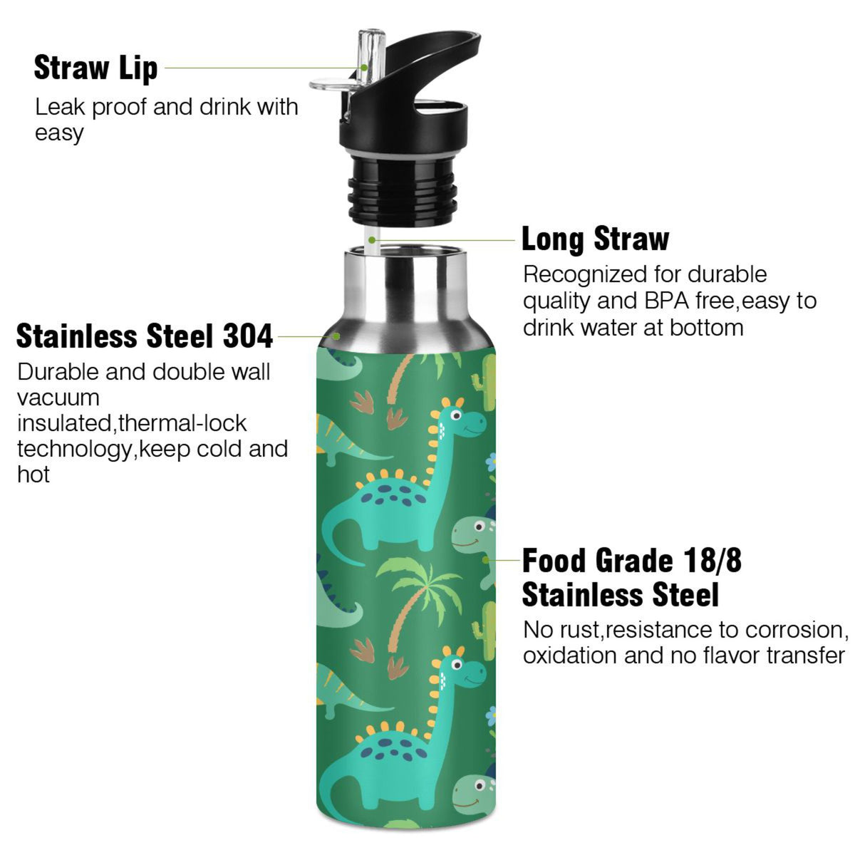 Dinosaur Green Stainless Steel Insulated Water Bottle with Straw Lid S936