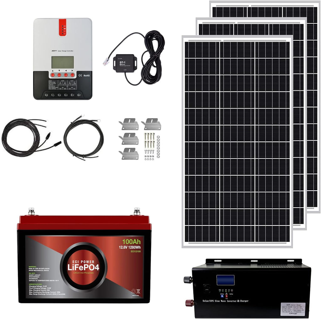 1.3KWH 12V Solar Power System Kit with 300W Mono Solar Panels, 30A MPPT Charge Controller, 2KW Pure Sine Wave Inverter S250031