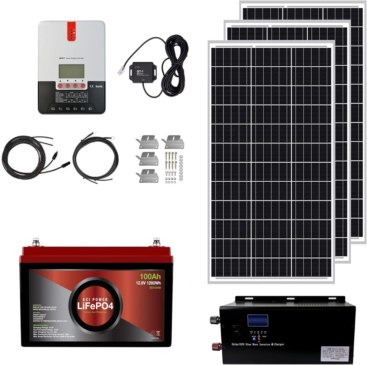 1.3KWH 12V Solar Power System Kit with 300W Mono Solar Panels, 30A MPPT Charge Controller, 2KW Pure Sine Wave Inverter S250031
