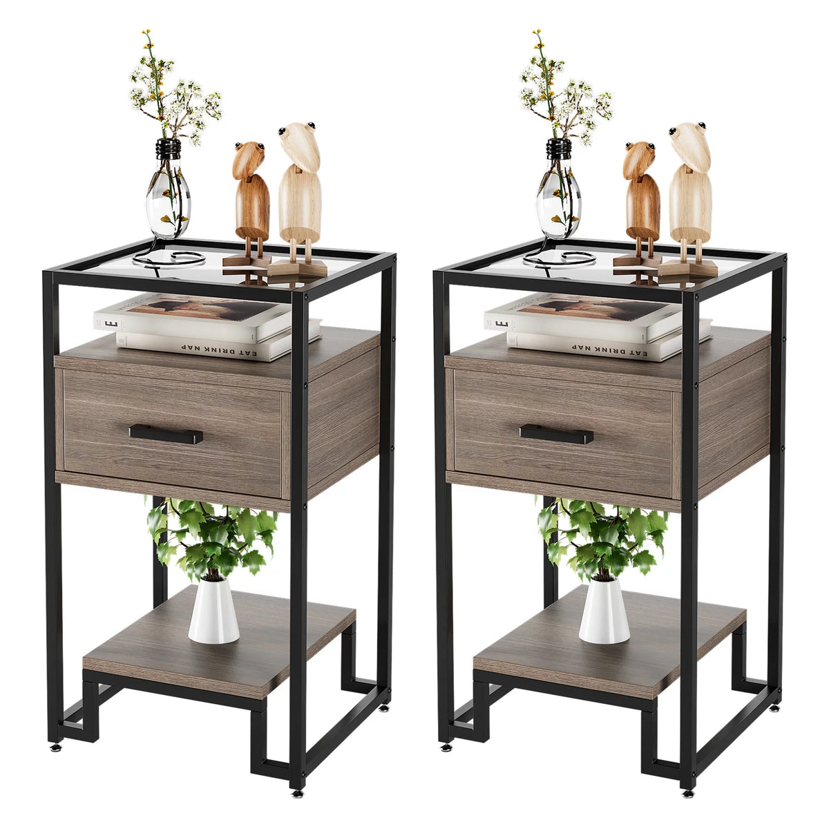 Black and Rustic Brown 2PCS Nightstand with Storage Drawer and 3-Tier Storage E747