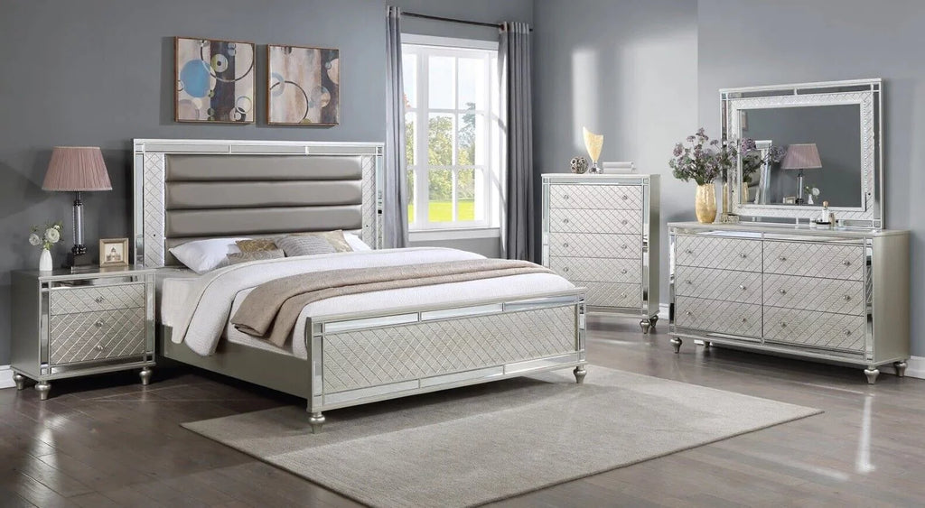 6pc Queen Size Upholstery LED Bed Dresser Mirror Nightstand Chest Wooden Bedroom Furniture Set P55881
