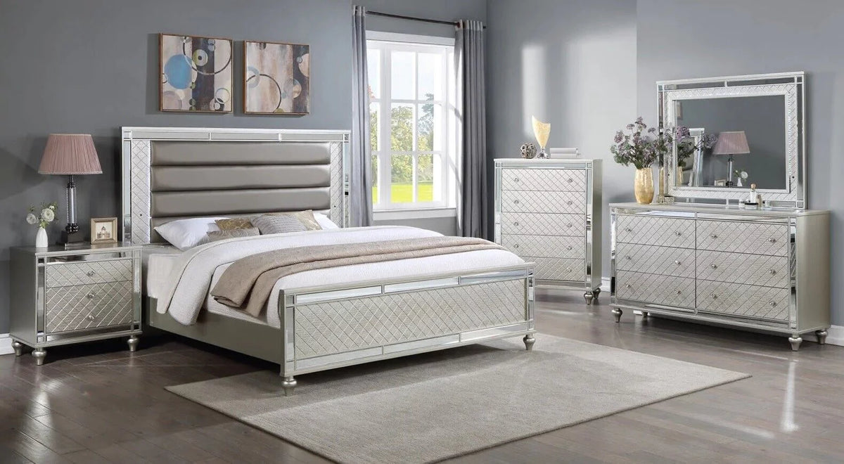6pc Queen Size Upholstery LED Bed Dresser Mirror Nightstand Chest Wooden Bedroom Furniture Set P55881