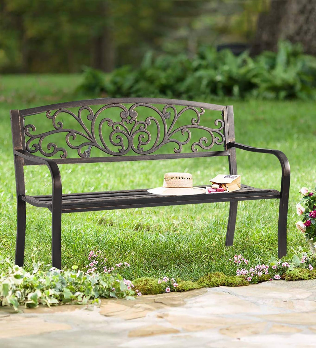 Cast Iron Metal Patio Bench with Armrests A5456