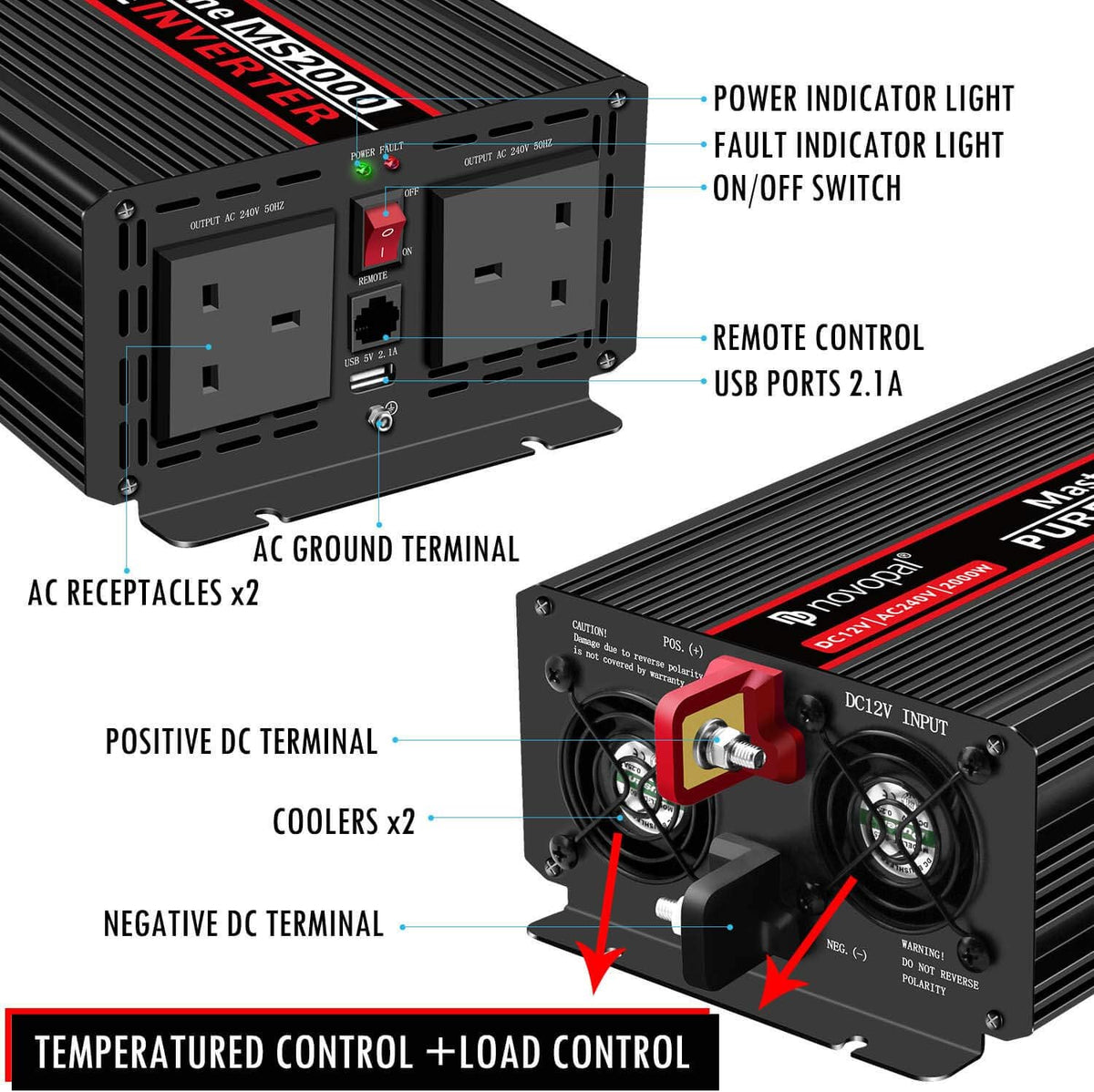 2000 Watt 12V DC to 110V AC Power Inverter with 4 AC Outlets P57042