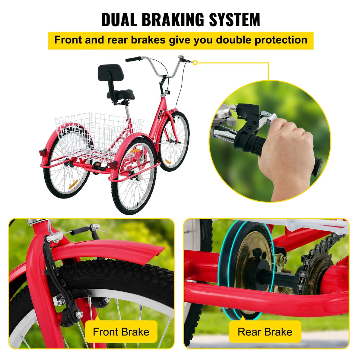 Foldable Tricycle 24 inch Wheels Red Trike with Basket W5604