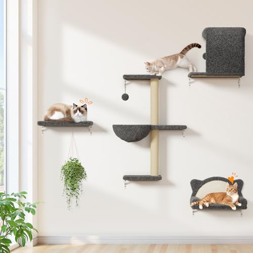 Cat Wall Shelves 4-in-1 Climbing Wall Furniture Set with Scratching Posts, Cat Bed & Sofa, Gray B600