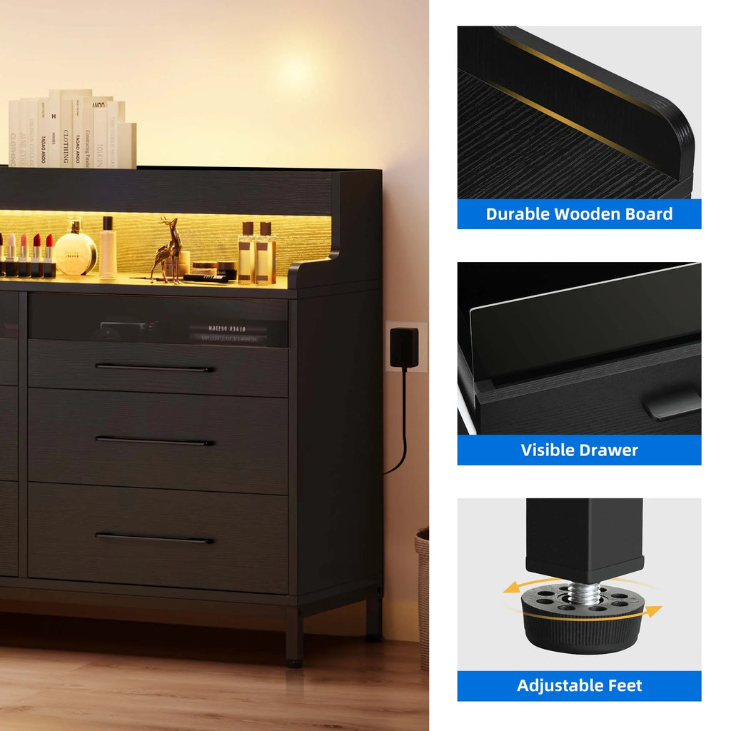 Black 6 Drawer Dresser with LED Light and Open Storage W955974