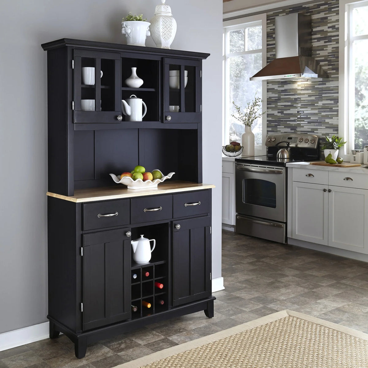 Black Wood Buffet with Hutch S91792