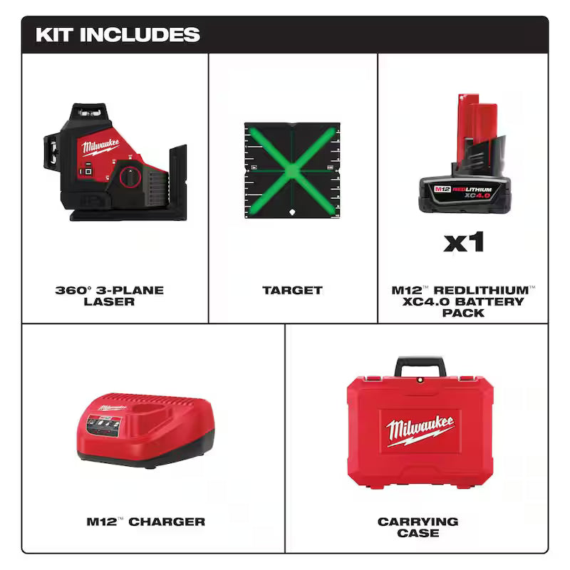 12-Volt Cordless Green 3-Plane Laser Level Kit E523802