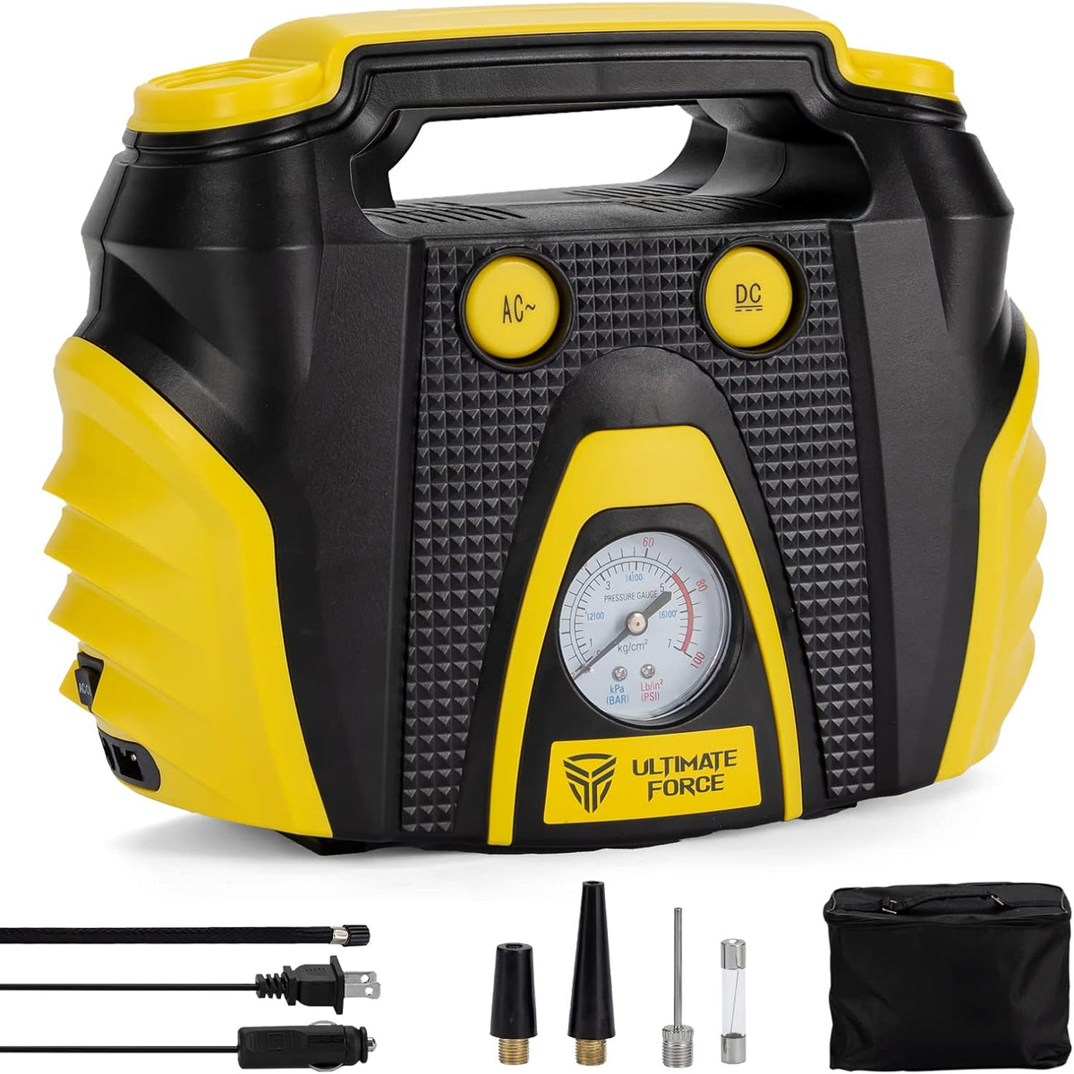Portable Tire Inflator 12 V Air Compressor Pump with Dual Power, 3 Air Nozzle and Carrying Case, Yellow P99854