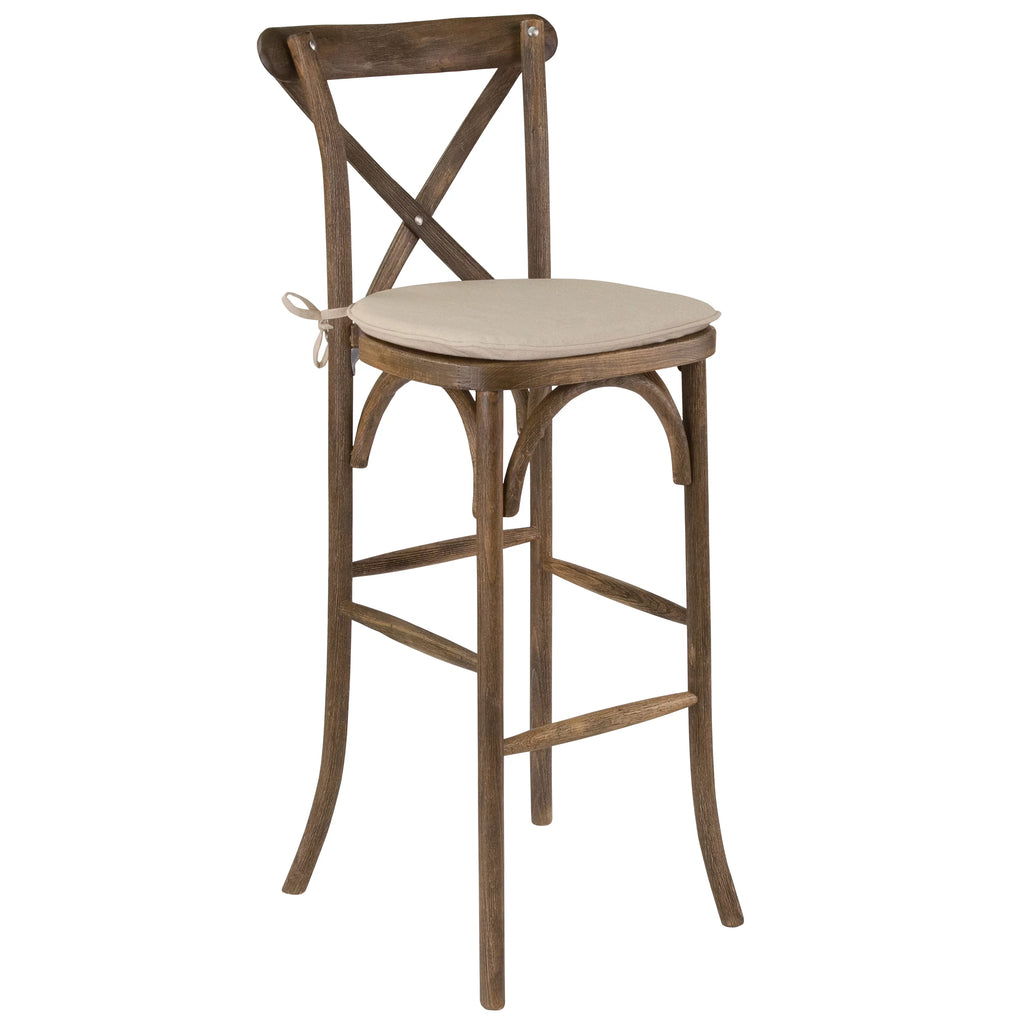 Dark Antique Wood Cross Back Barstool with Cushion J6261