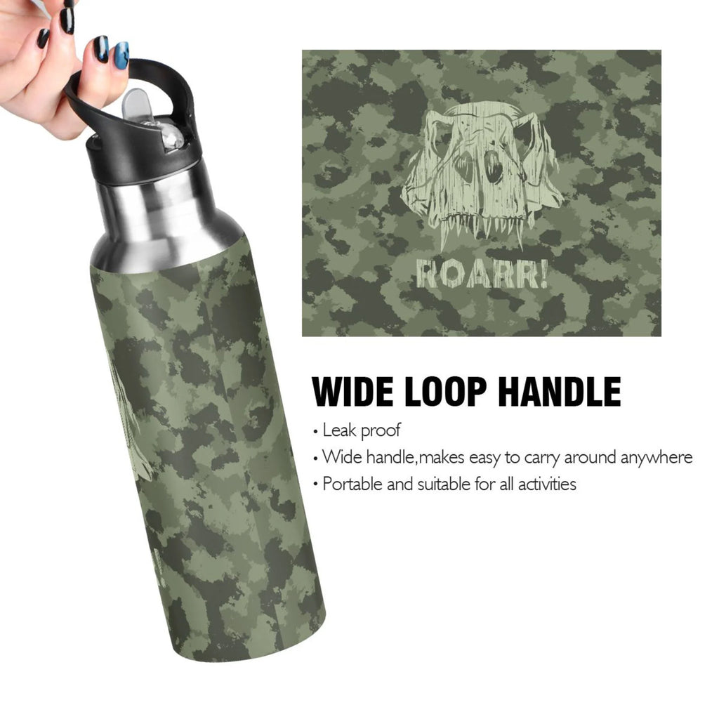 Green Camouflage Dinosaurs Stainless Steel Water Bottle with Straw Lid 20 OZ N596067