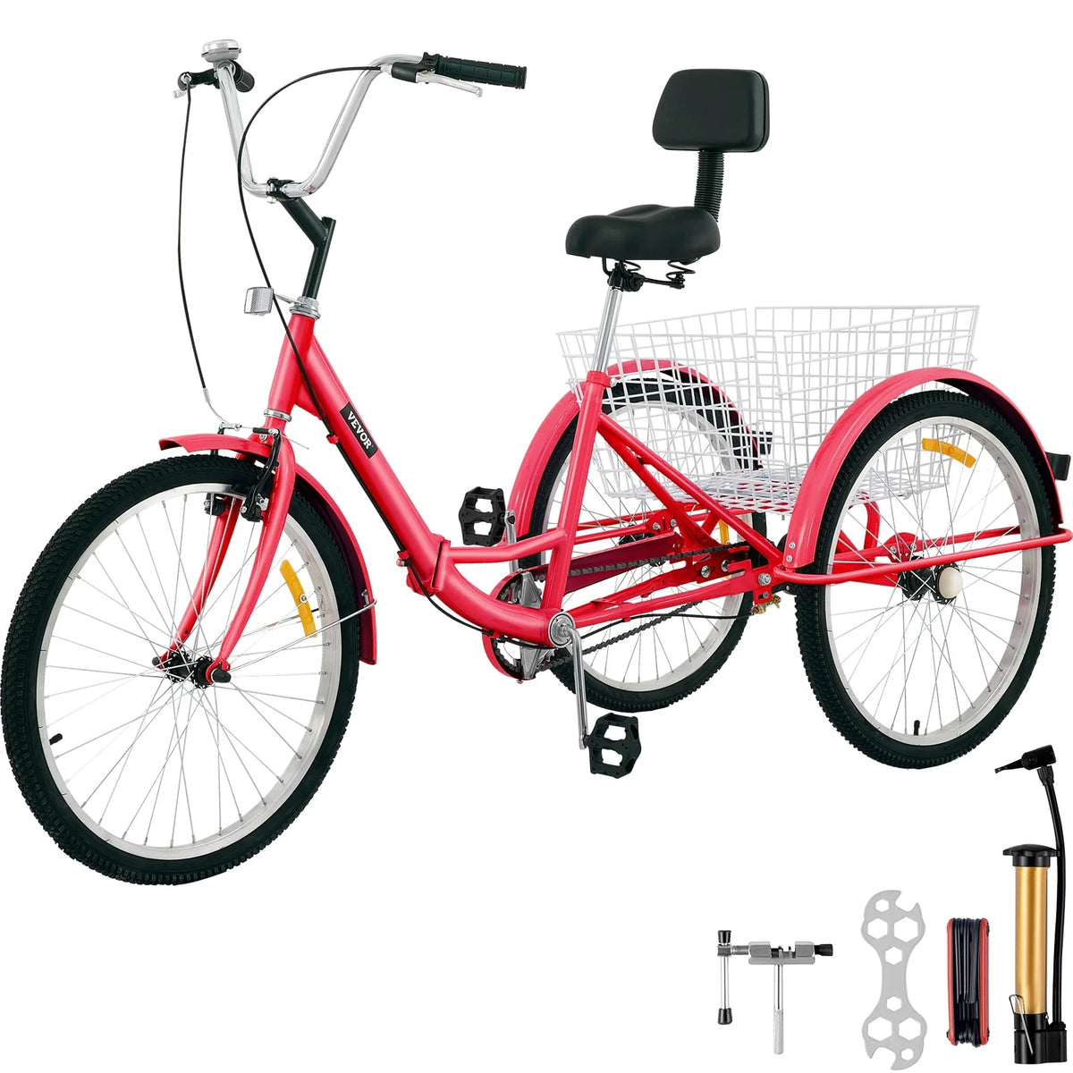 Foldable Tricycle 24 inch Wheels Red Trike with Basket W5604