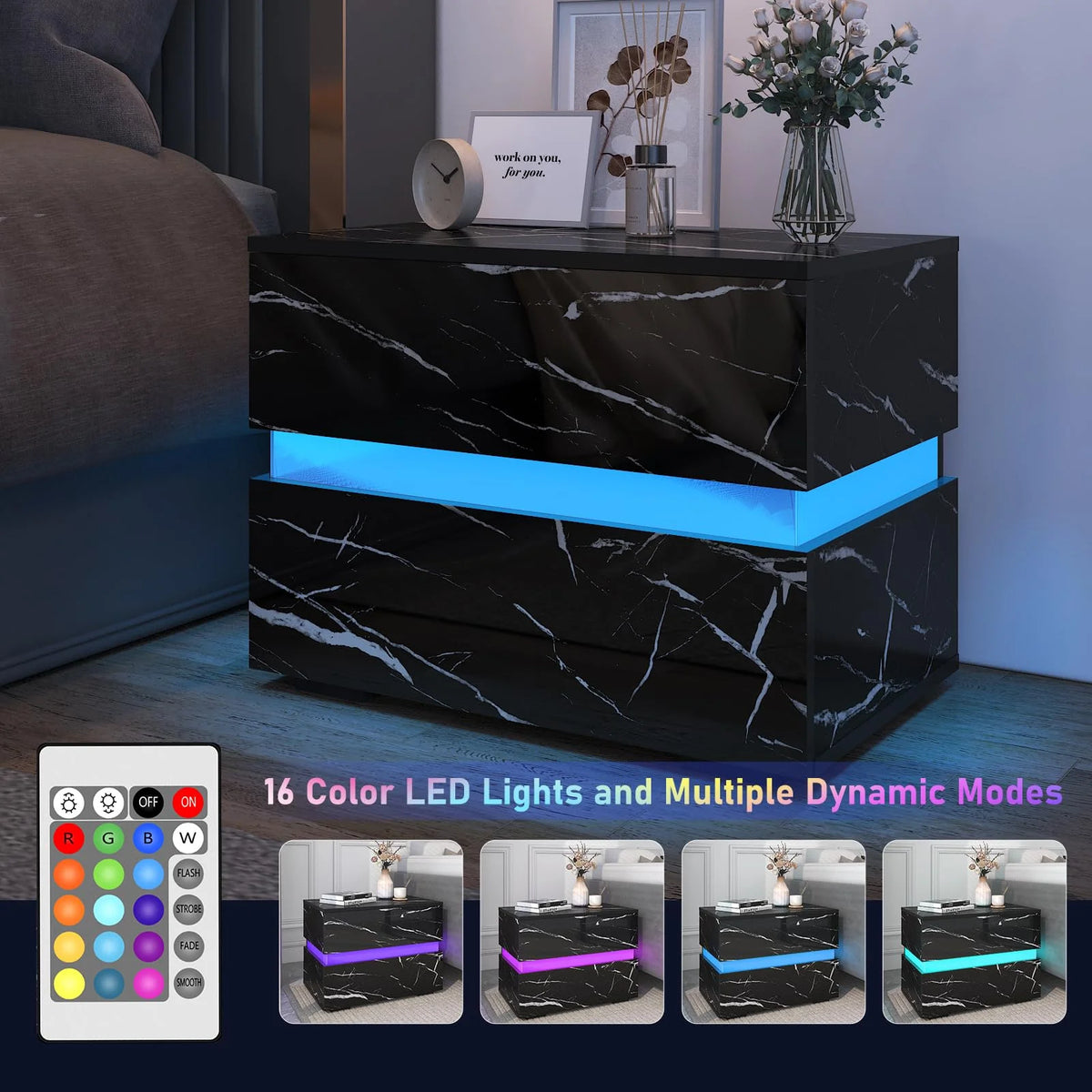 Black High Gloss LED Nightstand Set of 2 with 2 Drawers B65252