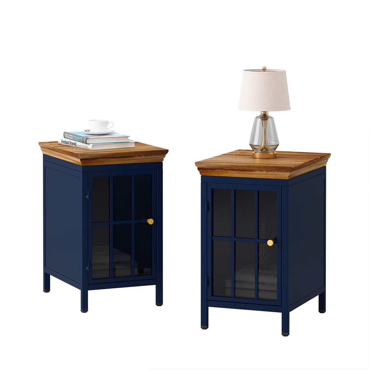Nightstand with Storage Cabinet & Solid Wood Tabletop, Dark Blue U24276
