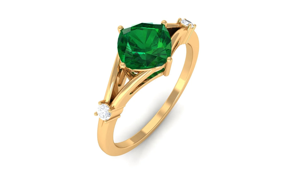 Cushion Cut Lab Grown Emerald Solitaire Ring with Diamond, 14K Yellow Gold, US 9.50 L826338
