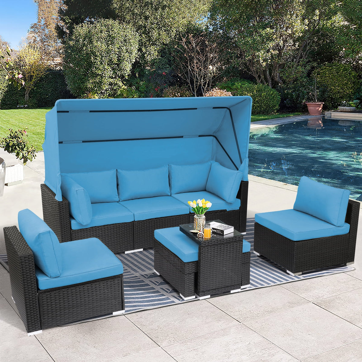 7 Piece Outdoor Sectional Sofa Set with Retractable Canopy D328535