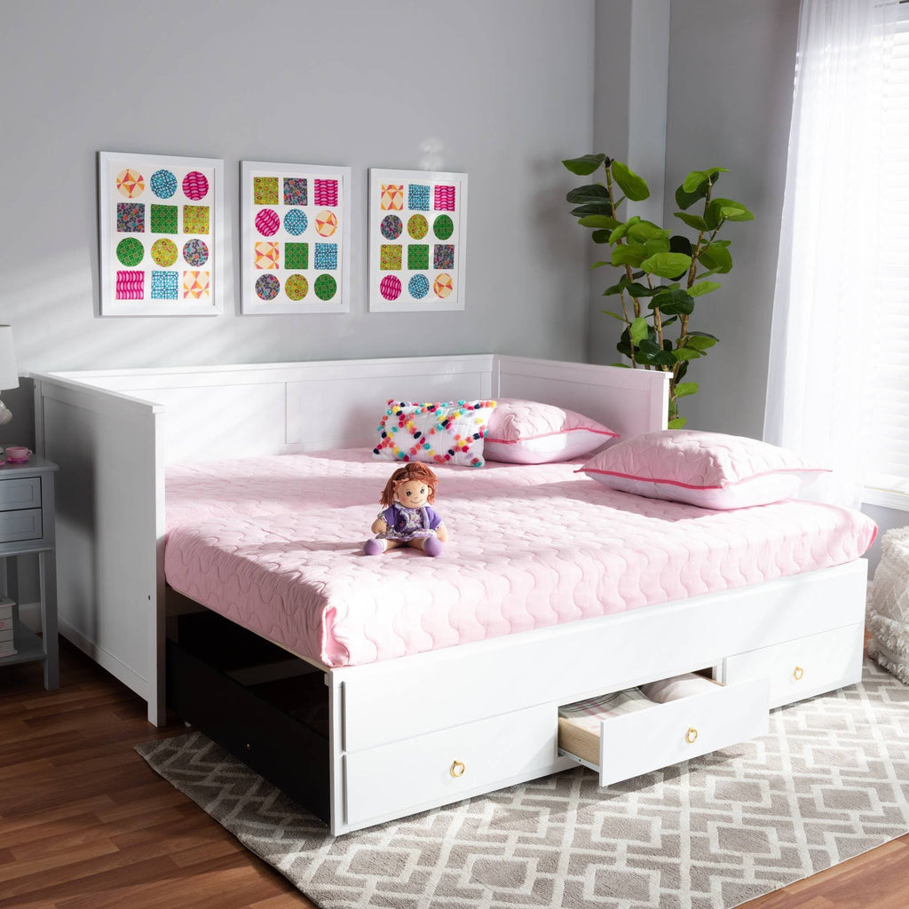 White Finished Wood Expandable Twin Size to King Size Daybed with Storage Drawers L572
