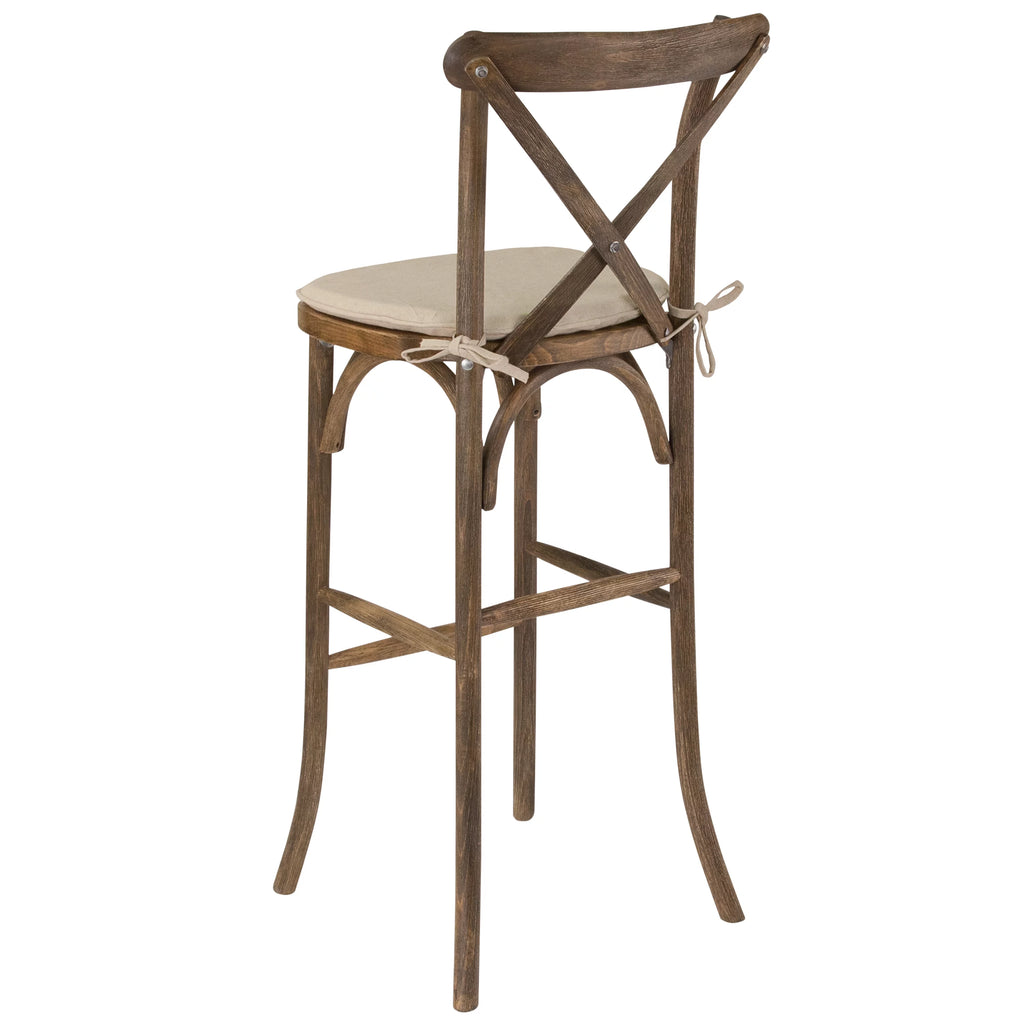 Dark Antique Wood Cross Back Barstool with Cushion J6261