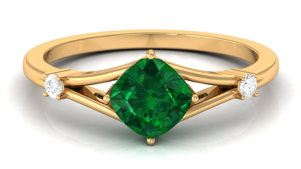 Cushion Cut Lab Grown Emerald Solitaire Ring with Diamond, 14K Yellow Gold, US 9.50 L826338
