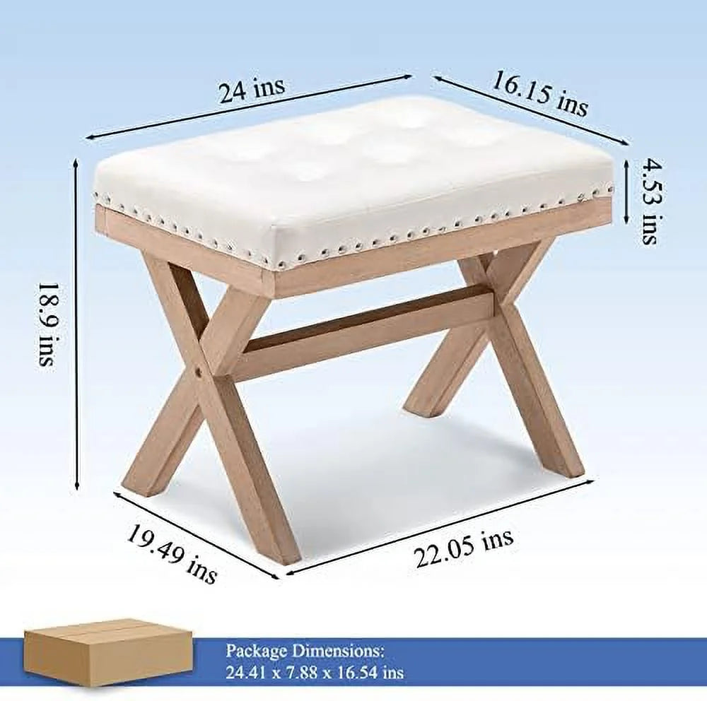 Burlap Linen Fabric Upholstered Bench Ottoman with X-Shaped Wooden Legs B314