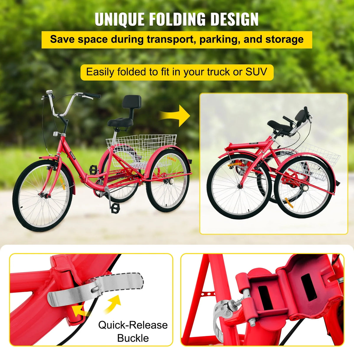 Foldable Tricycle 24 inch Wheels Red Trike with Basket W5604