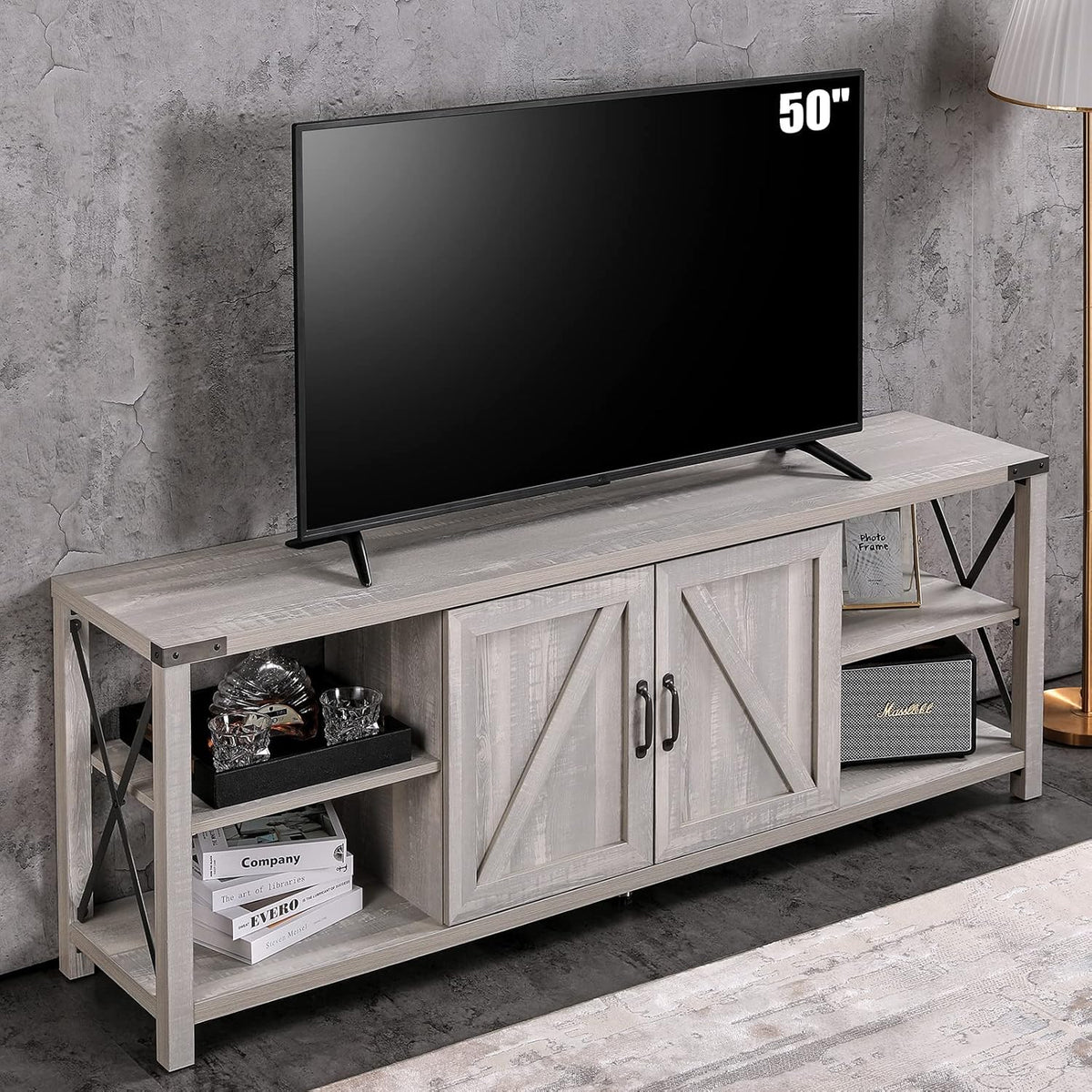 Rustic Gray Wash TV Stand with Storage Cabinets and Shelves Y190780