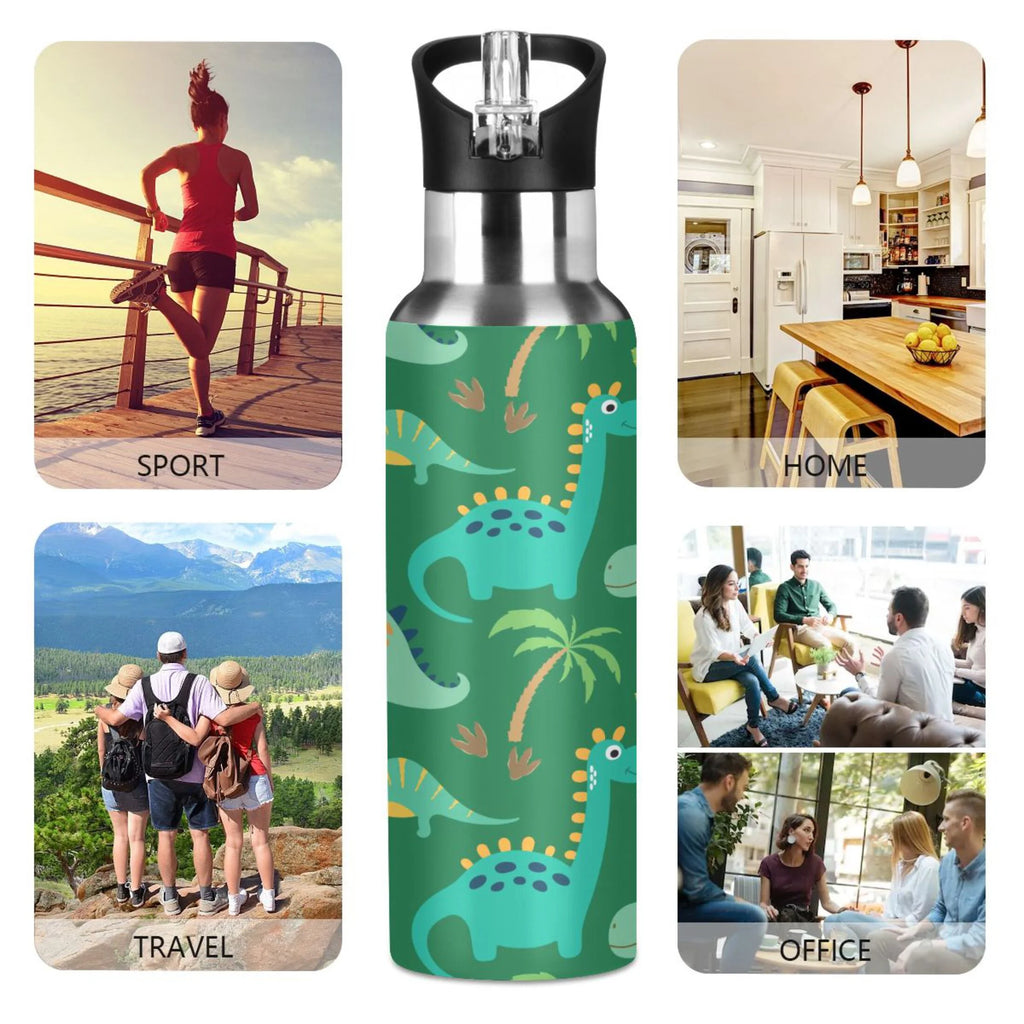 Dinosaur Green Stainless Steel Insulated Water Bottle with Straw Lid S936