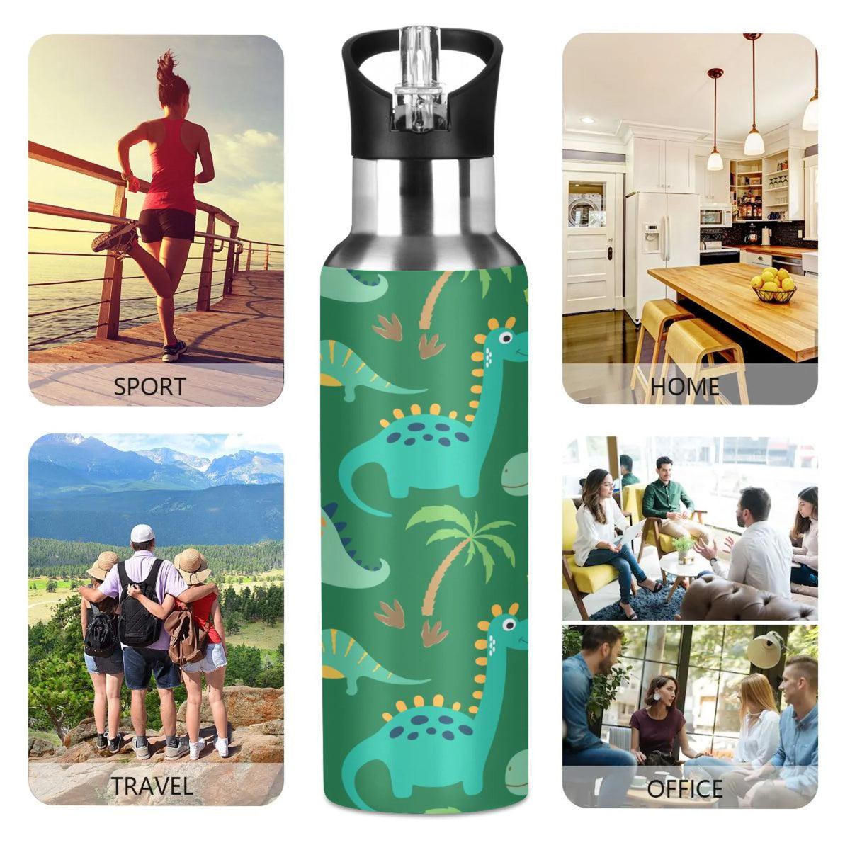Dinosaur Green Stainless Steel Insulated Water Bottle with Straw Lid S936