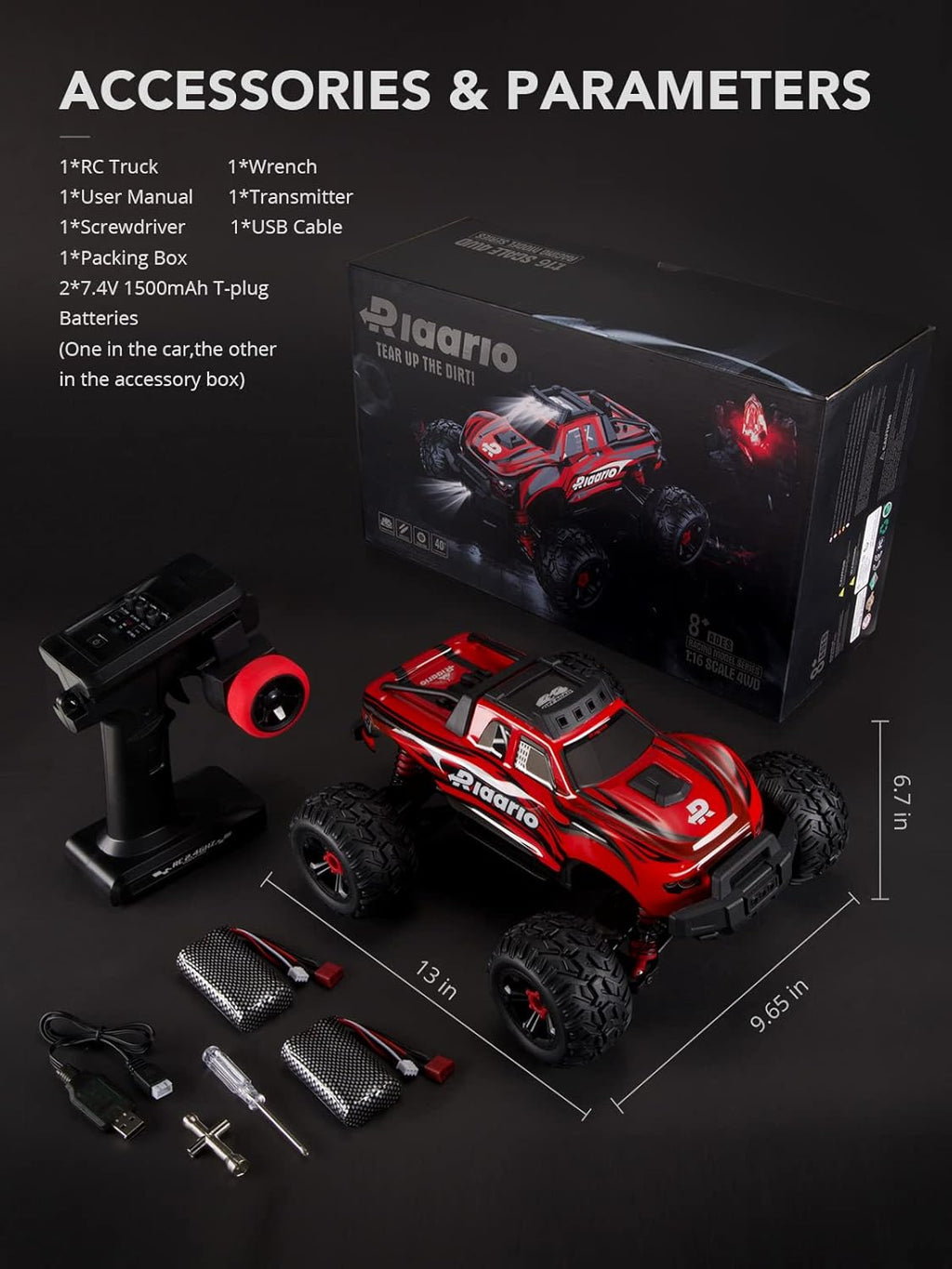 Red Black White 1:16 RC Monster Truck with 2 Batteries E93574