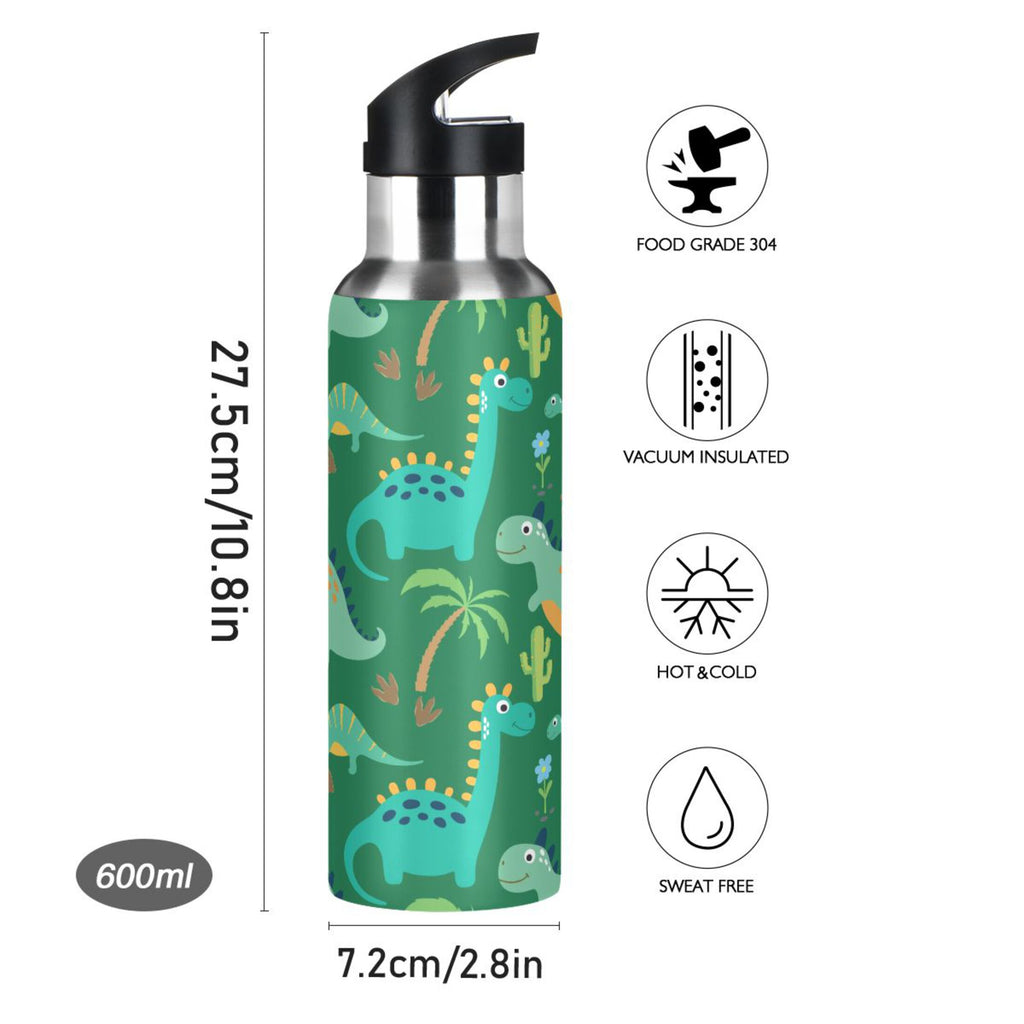 Dinosaur Green Stainless Steel Insulated Water Bottle with Straw Lid S936