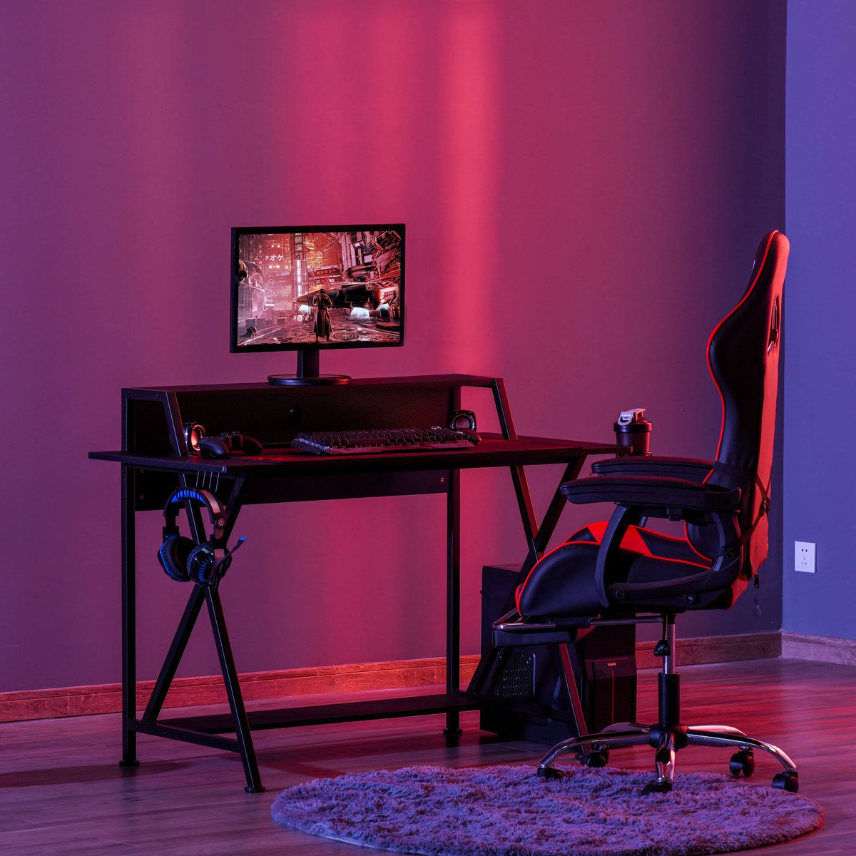 Black Gaming Desk with Monitor Shelf and Cup Holder E193122