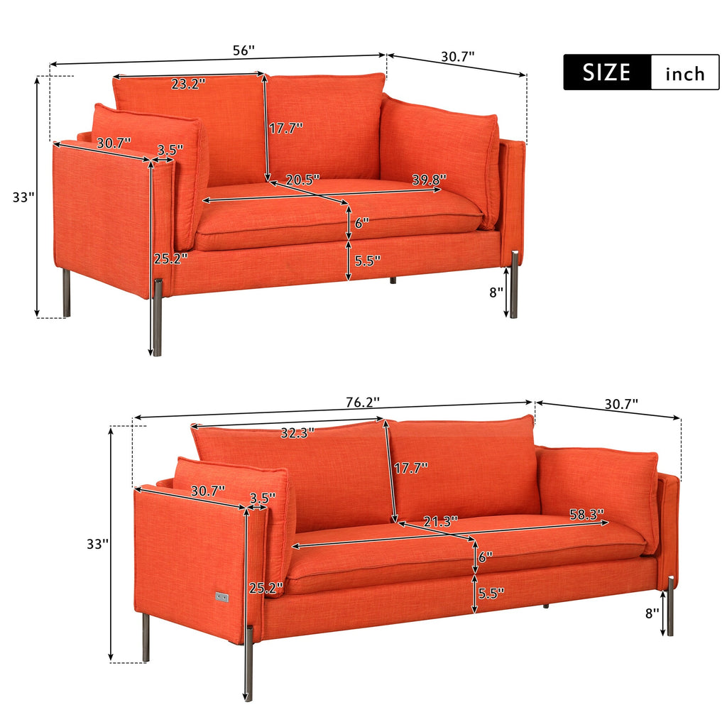 Orange Linen Loveseat and 3 Seat Couch Set T78138