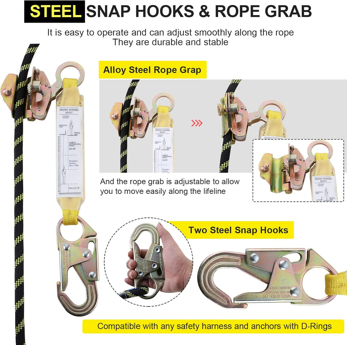 Rope Assembly 25 ft with Rope Grab Snap Hooks Shock Absorber CE Standard W1929