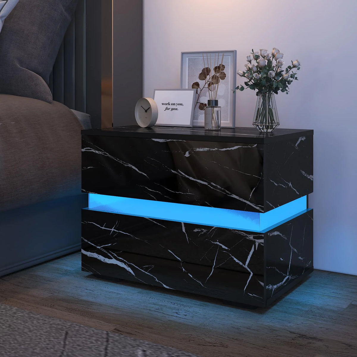 Black High Gloss LED Nightstand Set of 2 with 2 Drawers B65252