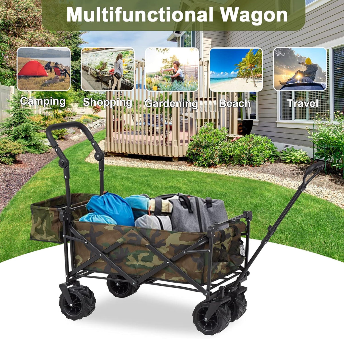 Camouflage Folding Utility Wagon Cart with Removable Canopy U3239