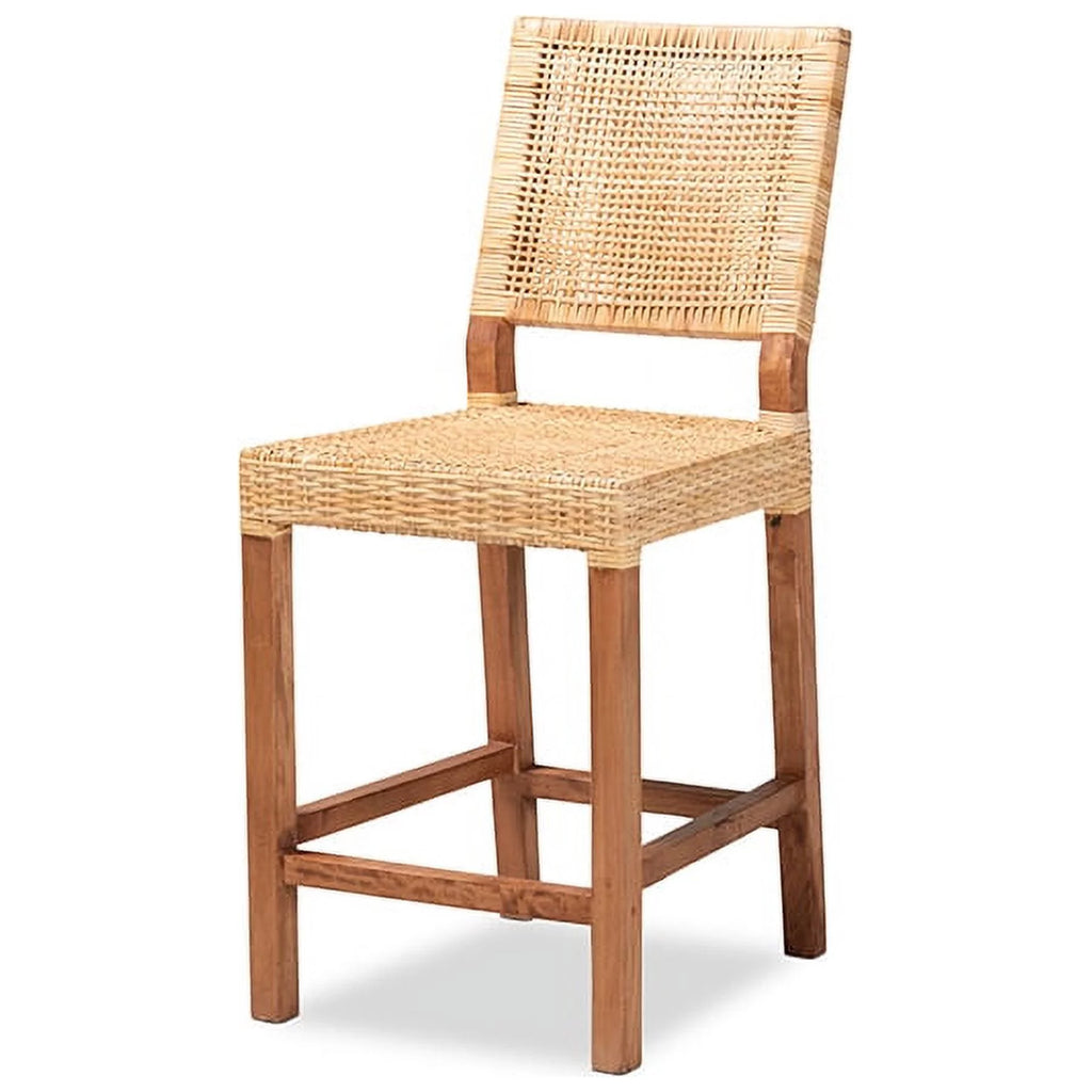 Natural Brown Rattan and Walnut Brown Wood Counter Stool K317