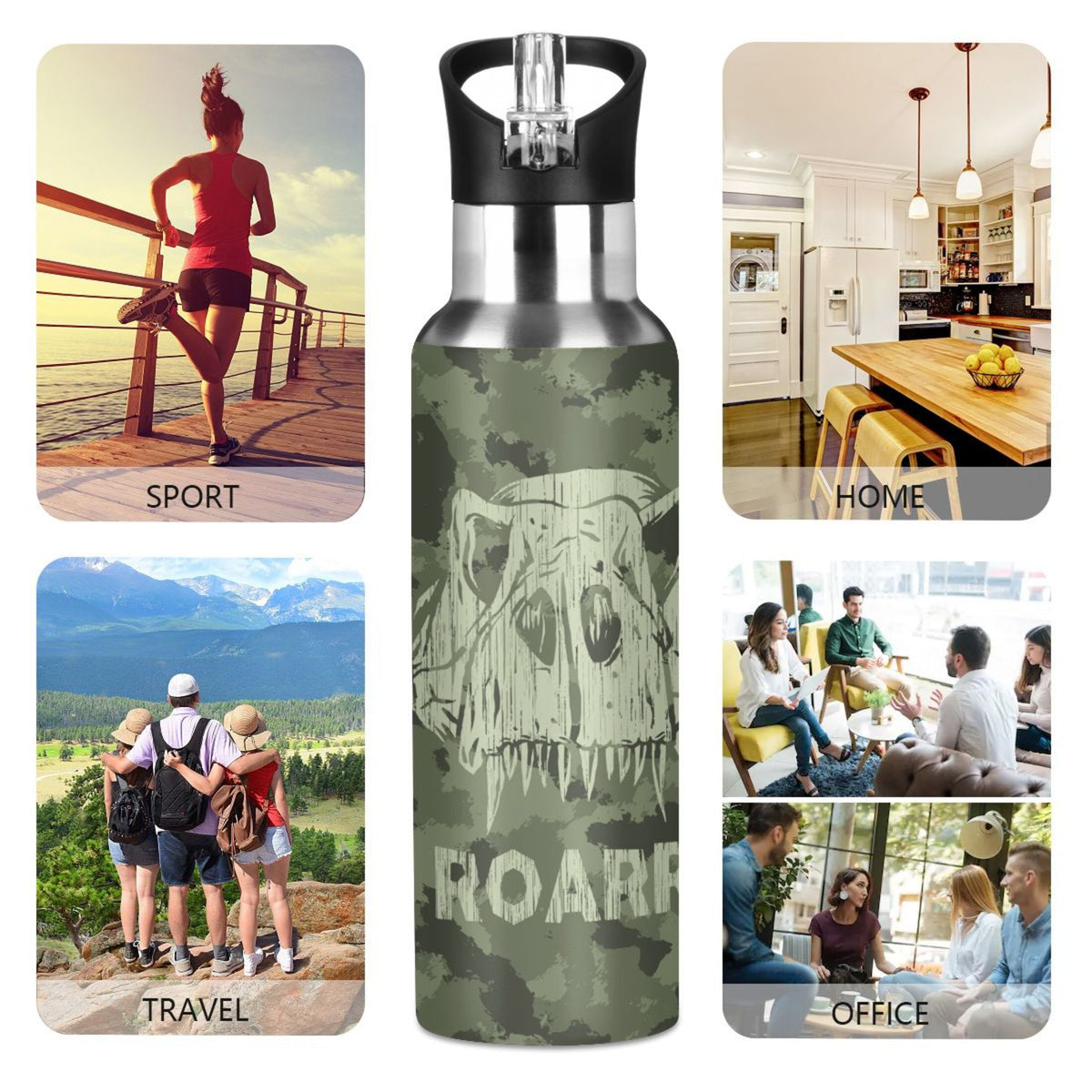 Green Camouflage Dinosaurs Stainless Steel Water Bottle with Straw Lid 20 OZ N596067