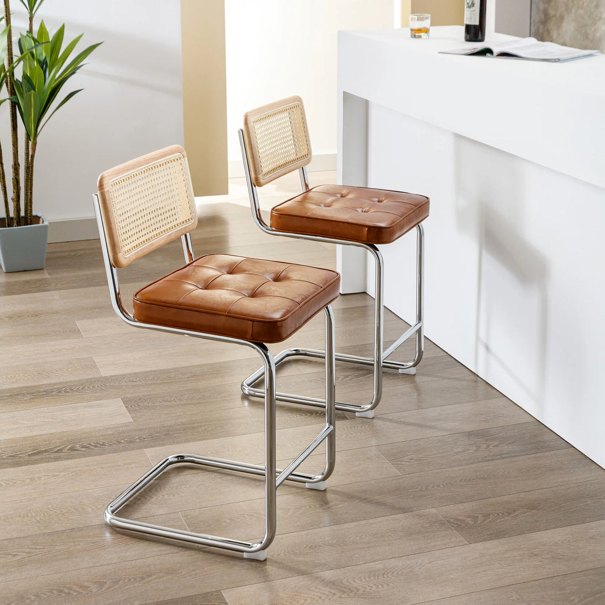 23.6 Inch Rattan Upholstered Bar Stools Set of 2 P497149