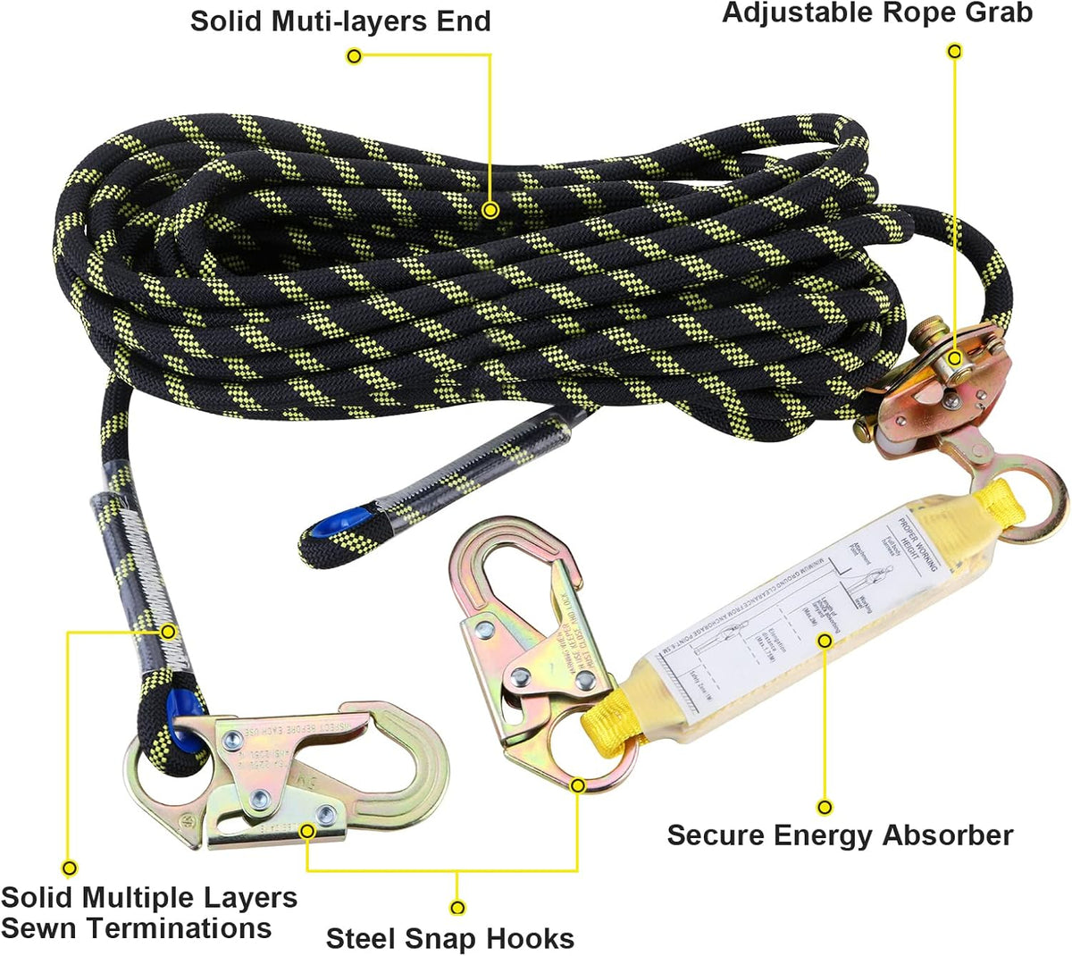 Rope Assembly 25 ft with Rope Grab Snap Hooks Shock Absorber CE Standard W1929