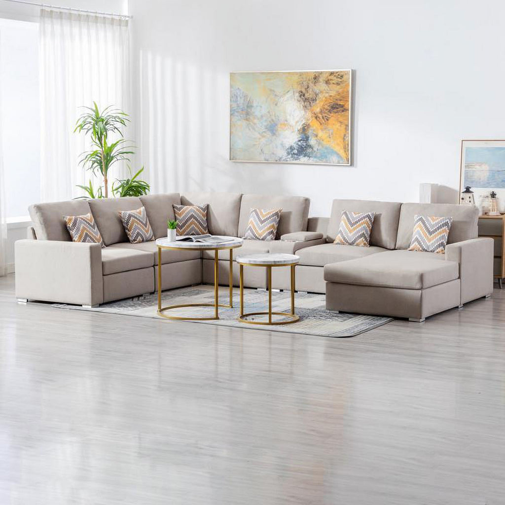 Beige Fabric Reversible Sectional with Charging Port and Storage Console Q29895