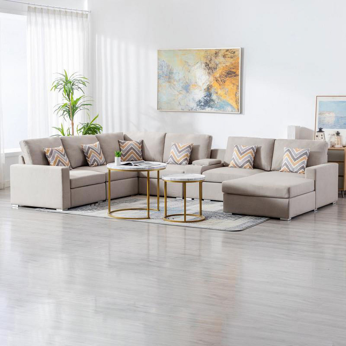 Beige Fabric Reversible Sectional with Charging Port and Storage Console Q29895
